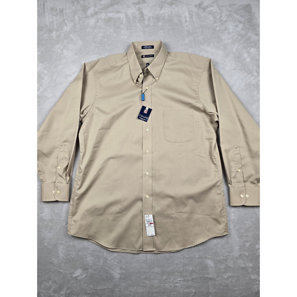 New Chaps Button Down Shirt Mens L 16-16.5 32/33 Tan Wrinkle Free Classic Twill